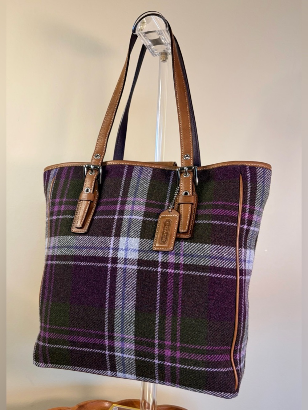 Vintage COACH Hampton Purple Tartan Plaid Wool Leather 83222 EUC - Picture 4 of 17
